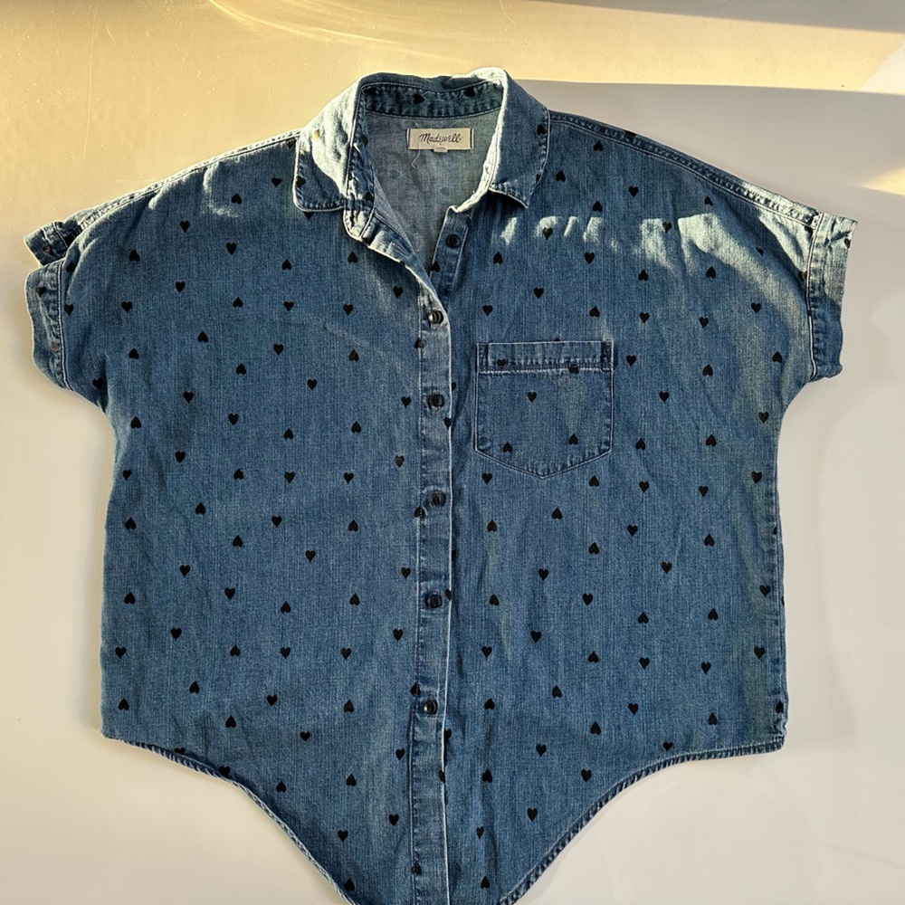 Madewell denim short sleeve tie front shirt heart print size XS extra small - Picture 10 of 14